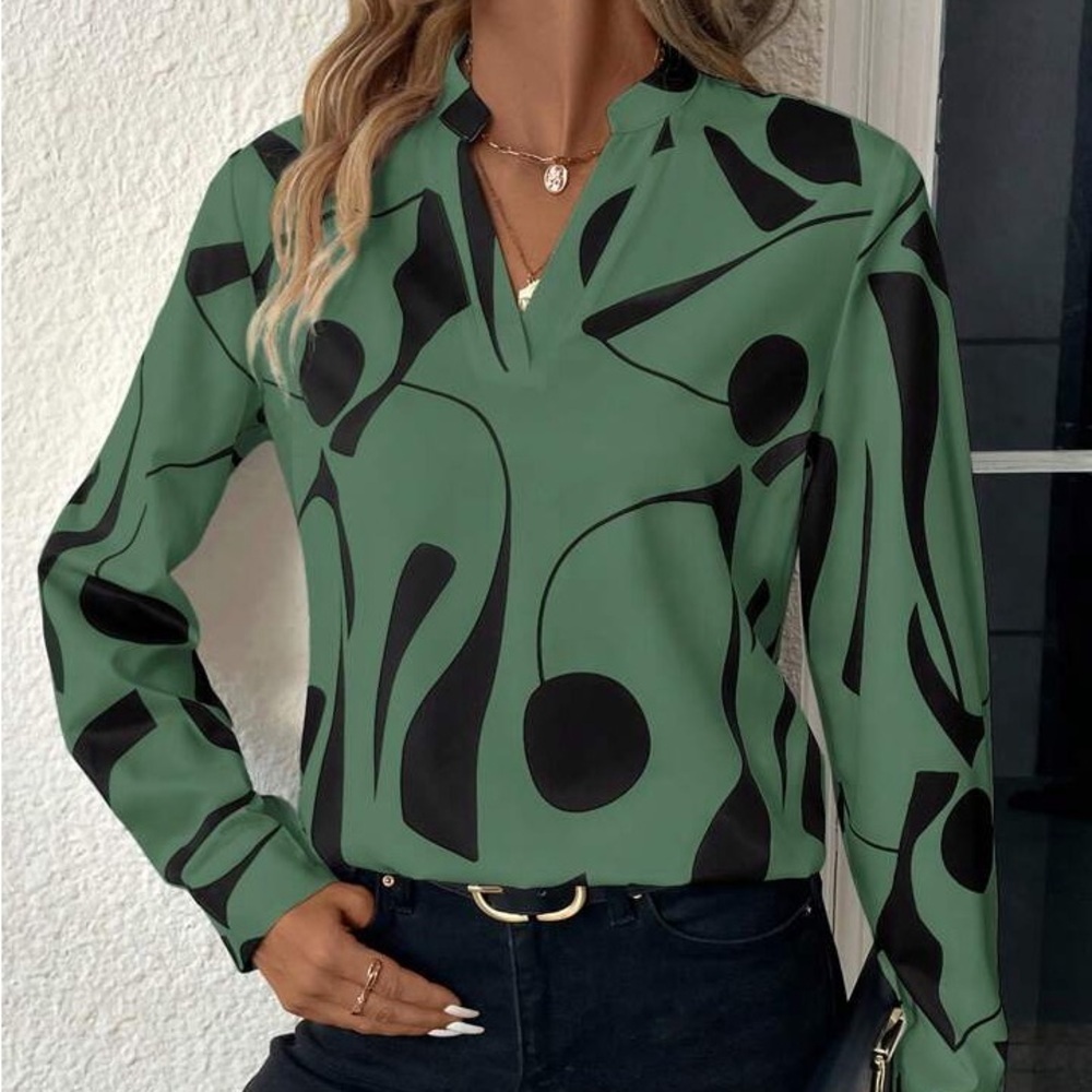 Abstract Notched V-Neck Olive Green & Black Geometric Print Tunic Blouse Top LRG